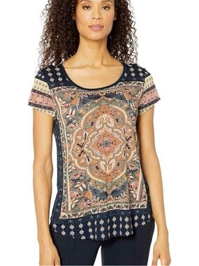 Lucky Brand Navy Medallion Scoop Neck Short Sleeve Top